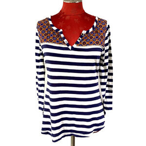 Anthropologie Postage Stamp Shirt Navy Striped Size M Roll Tab Sleeves Boho Chic